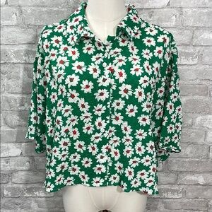ACOA Green Boxy Button Down Blouse with Floral Print